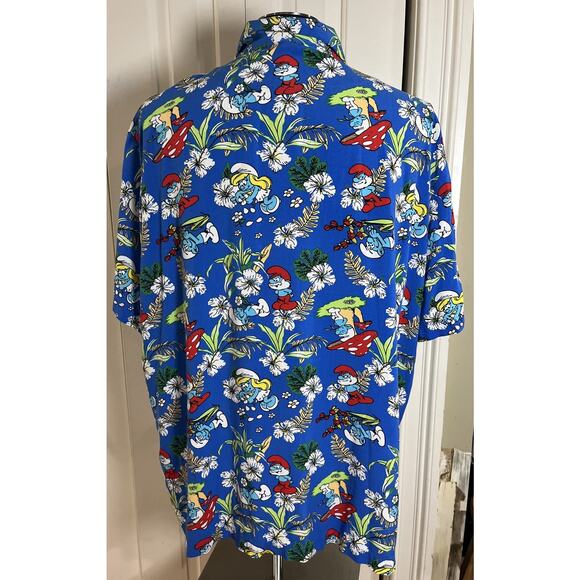 The Smurfs Hawaiian Shirt Sz 3XL Blue 100% Rayon Button Beach Camp Relax 80s - Picture 3 of 7